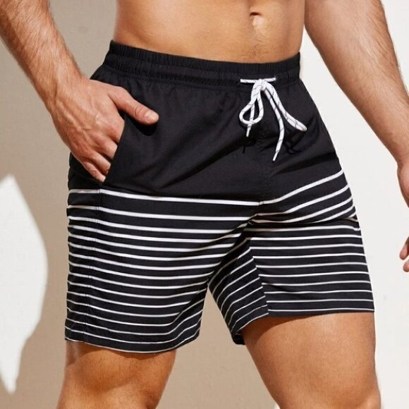 Black Vacation Style Men's Striped Swim Trunks - Picture 3 of 5